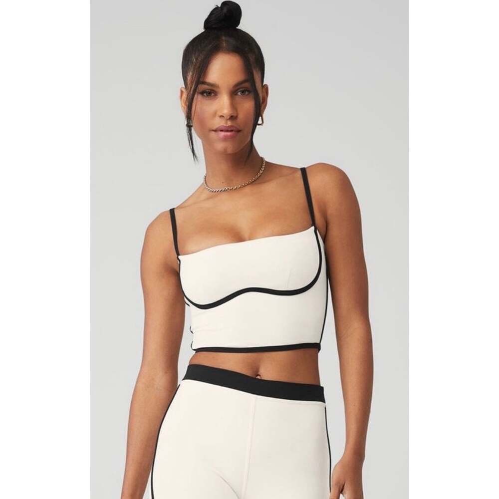 Alo Yoga Airbrush Streamline Bra Tank Top Ivory Black Size Small EUC